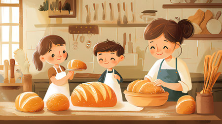 Happy family cooking bread in the kitchen. Illustration for your designの素材