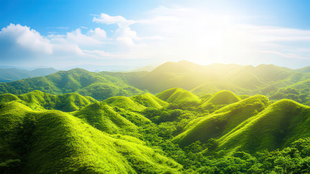 Green hills and sun in the morning. Beautiful nature landscape background.の素材