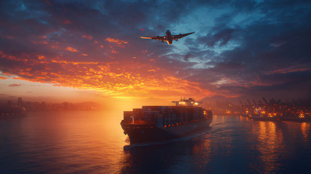 Container Cargo freight ship with working crane bridge at sunset for Logistic Import Export backgroundの素材
