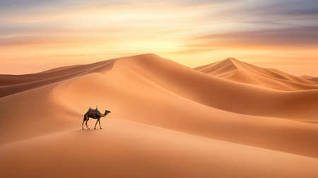 Silhouette of camel in the desert at sunset. 3d renderingの素材