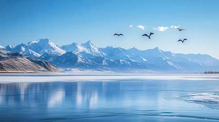 Beautiful winter landscape with snow-capped mountains and lake.の素材