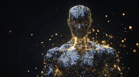 3d illustration of a cyborg with glowing particles in the darkの素材