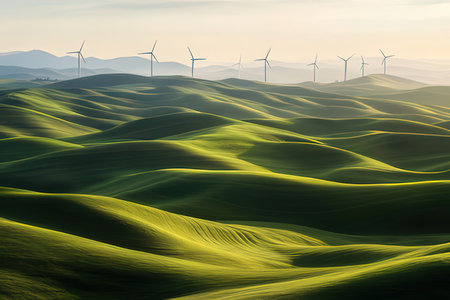 Wind turbines on green dunes in Tuscany, Italy.の素材