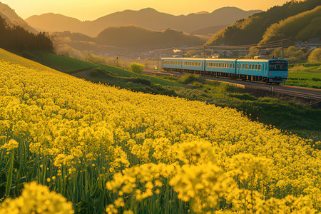 train on the rape field at sunsetの素材