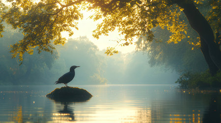 Cormorant on a rock near the lake in the morningの素材