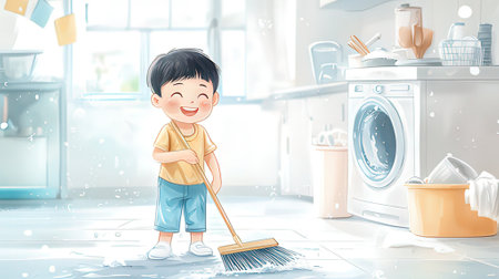 Cute little boy cleaning the floor with a broom in the kitchen. Housework concept.の素材