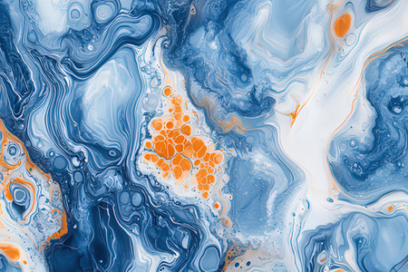 Abstract background of blue and orange paint. Liquid marble pattern. Acrylic painting.の素材