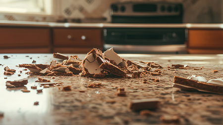 Broken pieces of chocolate on the table in the kitchen. Selective focus.の素材