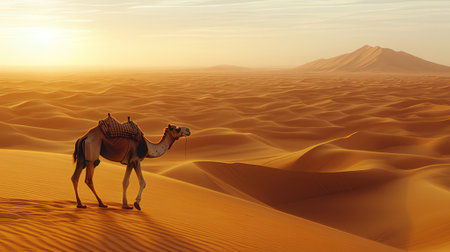 Camel in the Sahara desert at sunset. 3d illustration.の素材