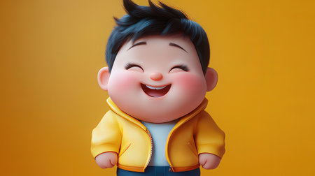 3d illustration of a cute asian boy wearing a yellow jacketの素材