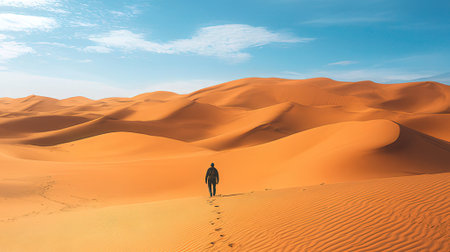 Man walking in the sand dunes of the Sahara desert, Moroccoの素材