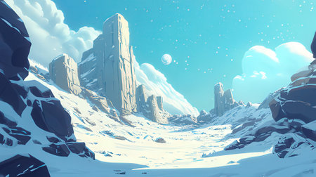 Fantasy winter landscape with snow-covered mountains. 3D illustrationのeditorial素材