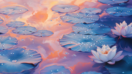 Water lily and lotus leaves in the pond with water dropsの素材