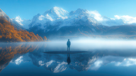 Man standing on a stone in the middle of the lake and looking at the mountainsの素材