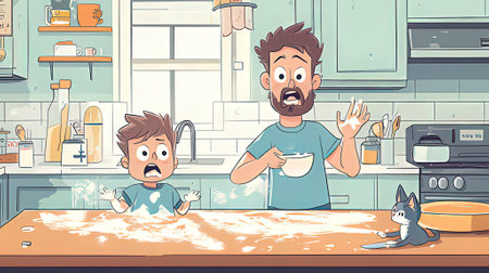 Father and son playing with flour in the kitchen. Vector illustration.の素材