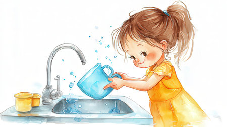 Cute little girl washing dishes in the kitchen. Watercolor illustrationの素材