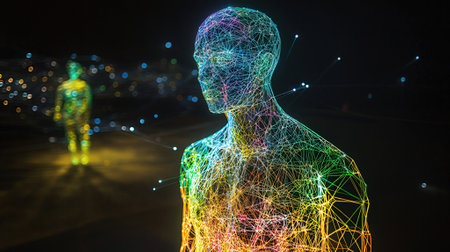 3D rendering of a man with abstract network hologram in the backgroundの素材