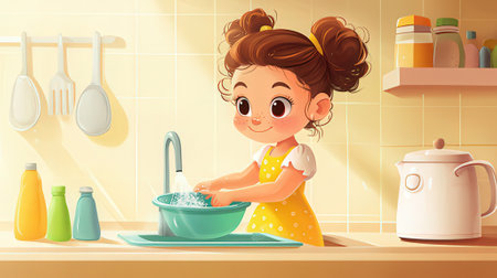Cute little girl washing dishes in the kitchen. Vector illustration.の素材