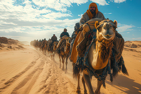 Camel caravan in the desert. 3d renderingの素材
