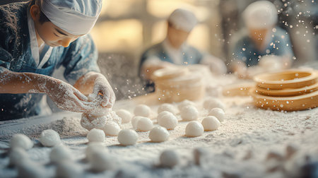 Little girl in chef uniform kneading dough with flour on tableの素材