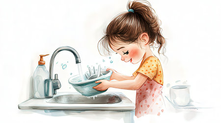Cute little girl washing dishes in the kitchen. Watercolor illustrationの素材