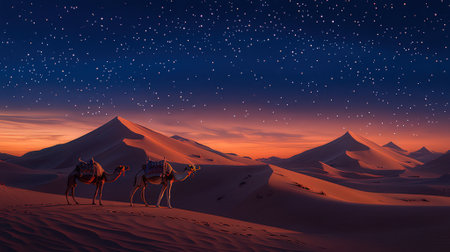 Two camels in the desert at night. 3D illustration.の素材