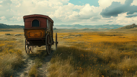 Old wagon in the steppe. 3d illustration. Vintage style.の素材