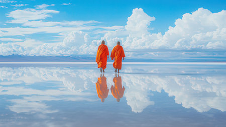 Two monks in orange robes walking on the surface of the salt lakeの素材