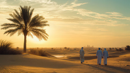 Arabic men walking through the desert at sunset, Dubai, United Arab Emiratesの素材