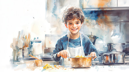Cute little boy in the kitchen, painting with watercolorsの素材