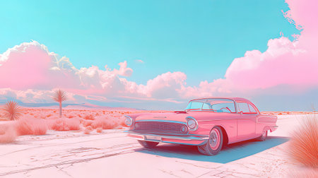 vintage car in the desert. 3d render and illustration.の素材