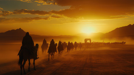 Camel caravan in the desert at sunset, 3d render illustrationの素材