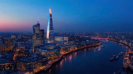Aerial view of London skyline with skyscrapers at night.の素材