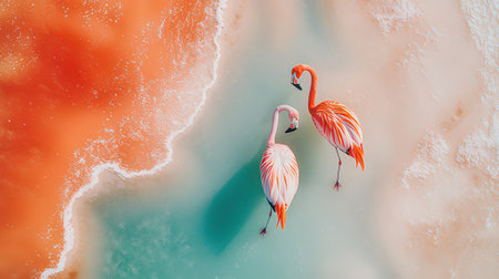 Two flamingos on the background of the sea. Aerial view.の素材