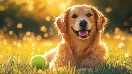 Golden retriever dog with tennis ball on green grass in sunset lightの素材