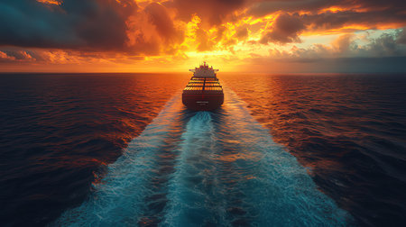 Cargo ship sailing in the sea at sunset. 3d renderingの素材