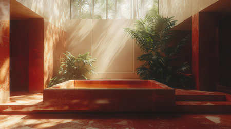 Interior of modern bathroom with concrete walls, concrete floor, comfortable bathtub and green plants. 3d renderingの素材