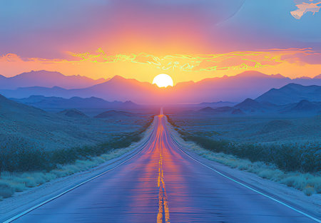 Sunset on the road in the desert. 3D rendering.の素材