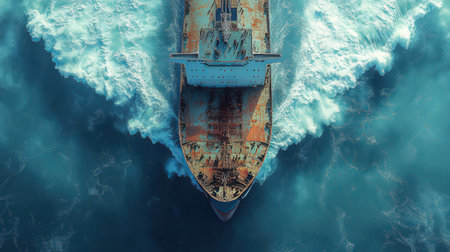 Aerial view of cargo ship in stormy sea. 3D renderingの素材