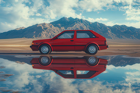 3d rendering of a red car in the desert with reflection in waterの素材