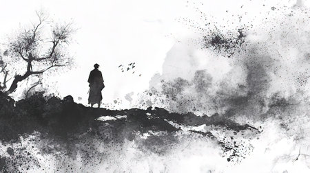 Silhouette of a man walking on a cliff. Digital paintingの素材