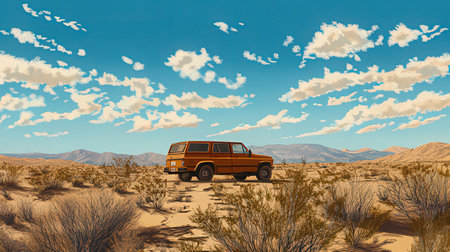 3D rendering of an old car in the desert with clouds.の素材