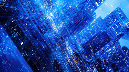 Night city with skyscrapers and neon lights. 3d renderingの素材