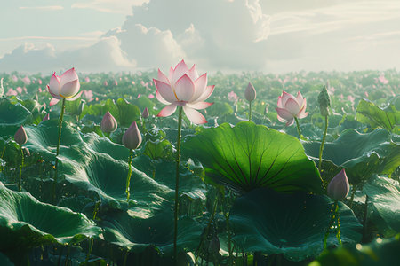 Lotus flower and Lotus flower plants in the pond and sunlight.の素材
