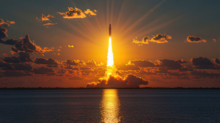 Space rocket launch into the sky at sunset. 3D illustration.の素材