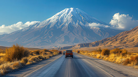 Car on the road to mount Ararat with blue sky and cloudsの素材