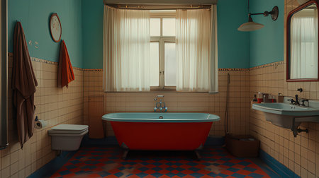 Bathroom with blue tiles and red bathtub. 3d renderingの素材