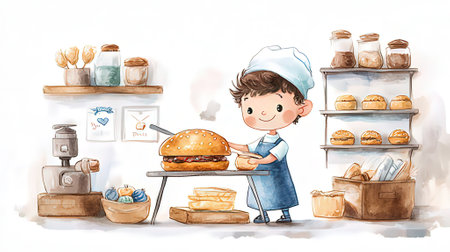 Illustration of a boy in apron cooking hamburgerの素材