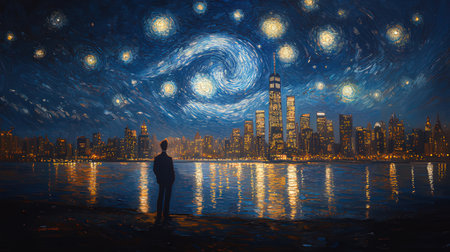 Businesswoman looking at night city and starry sky. Mixed media