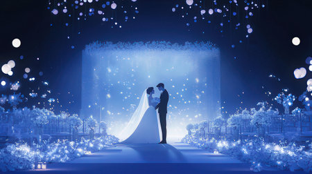 Wedding couple in front of a stage with lights and smokeの素材